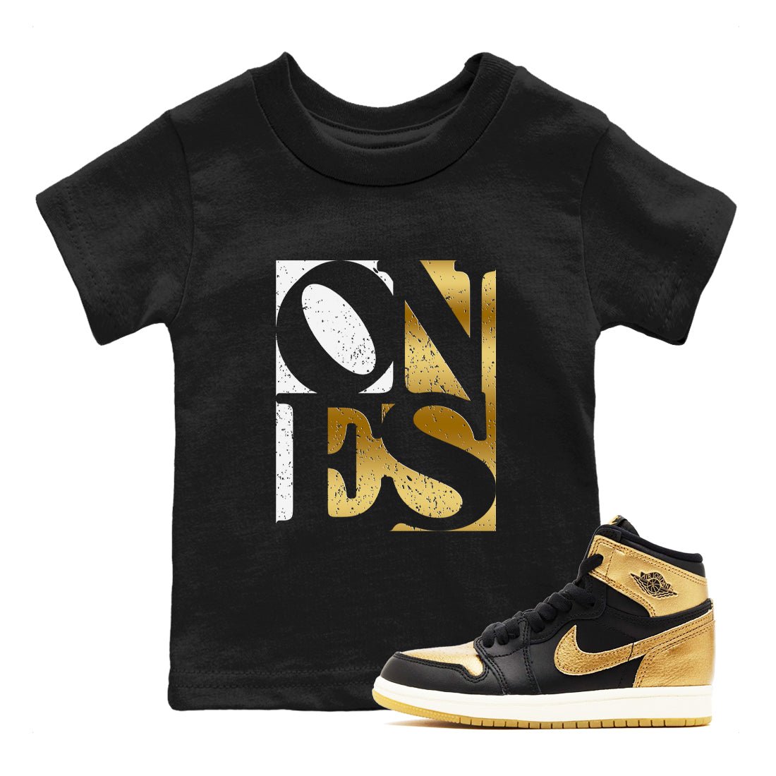 Air Jordan 1 High OG Black Metallic Gold shirts to match jordans Ones sneaker match tees Air Jordan 1 Retrp Black Metallic Gold Sneaker Shirts SNRT Sneaker Tees streetwear brand Baby and Youth Black 1 cotton tee