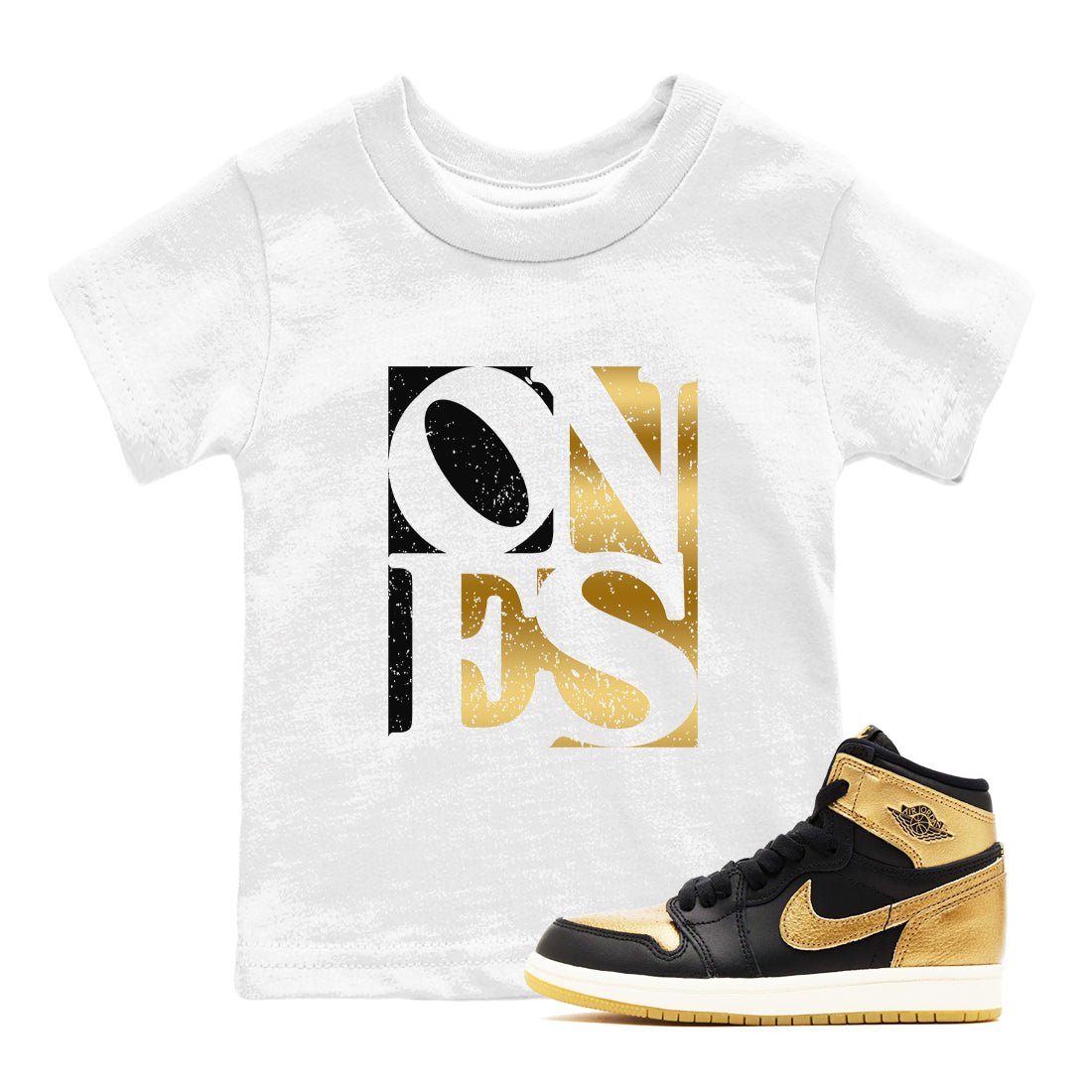 Air Jordan 1 High OG Black Metallic Gold shirts to match jordans Ones sneaker match tees Air Jordan 1 Retrp Black Metallic Gold Sneaker Shirts SNRT Sneaker Tees streetwear brand Baby and Youth White 1 cotton tee