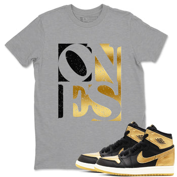 Air Jordan 1 High OG Black Metallic Gold shirts to match jordans Ones sneaker match tees Air Jordan 1 Retrp Black Metallic Gold Sneaker Shirts SNRT Sneaker Tees streetwear brand Heather Grey 1 unisex cotton tee