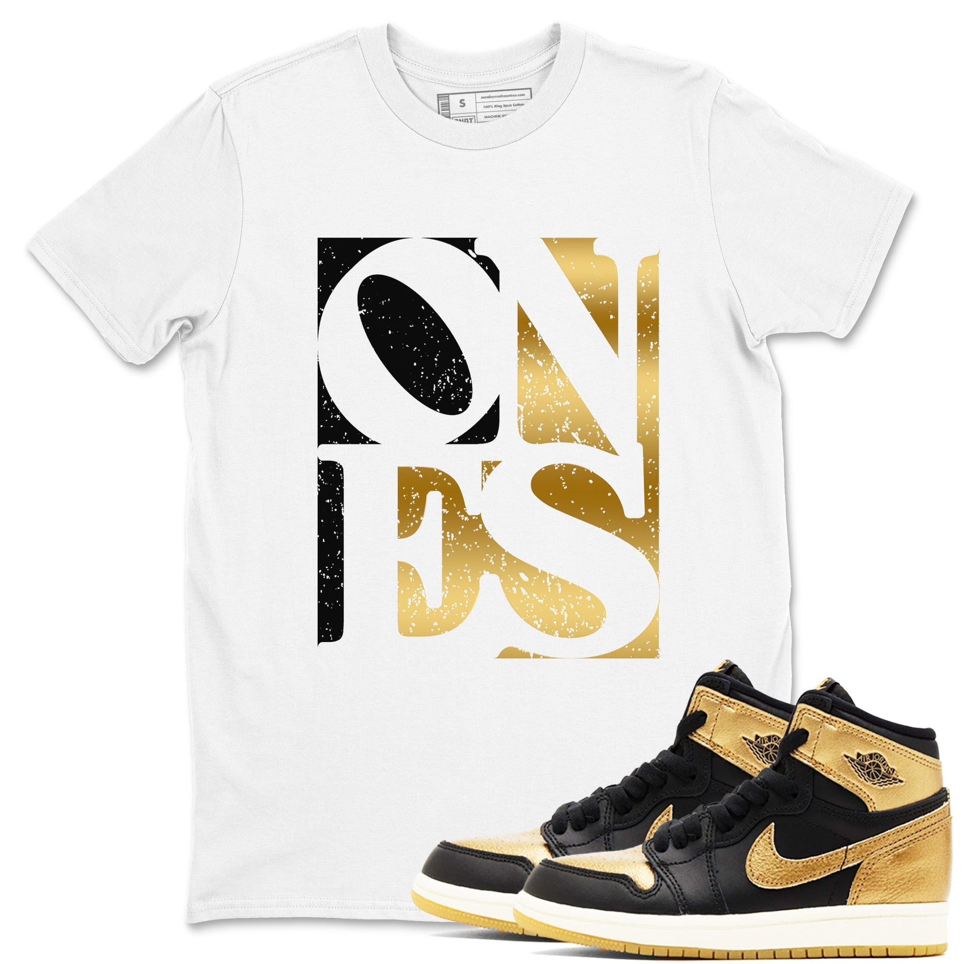 Air Jordan 1 High OG Black Metallic Gold shirts to match jordans Ones sneaker match tees Air Jordan 1 Retrp Black Metallic Gold Sneaker Shirts SNRT Sneaker Tees streetwear brand White 1 unisex cotton tee