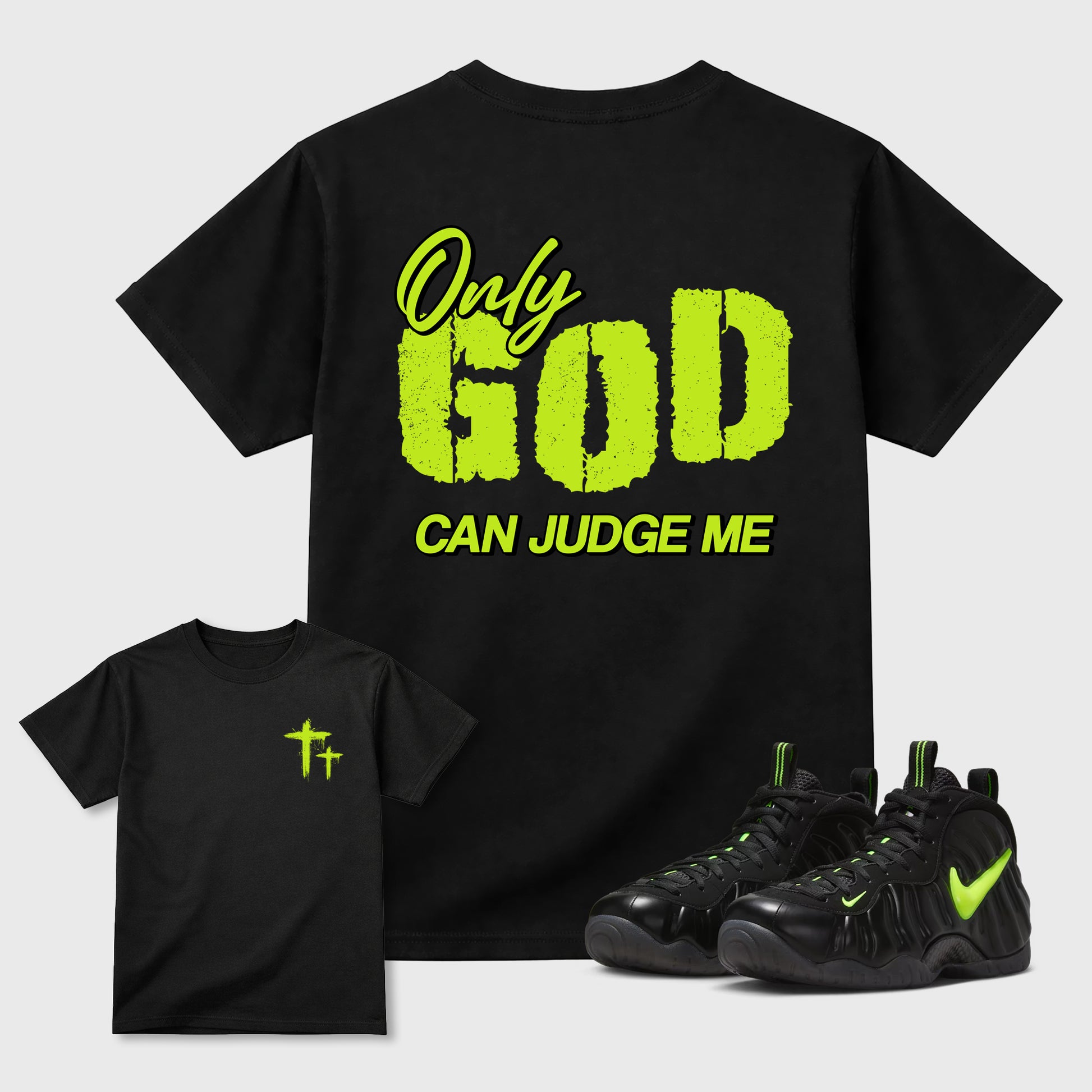 Only God Can Judge Me front and back graphic tee styled to complete your fit with the Air Foamposite Pro Black sneakers, shown in Black.