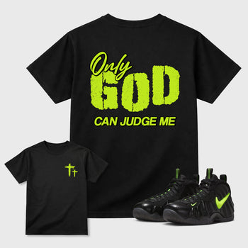 Only God Can Judge Me front and back graphic tee styled to complete your fit with the Air Foamposite Pro Black sneakers, shown in Black.