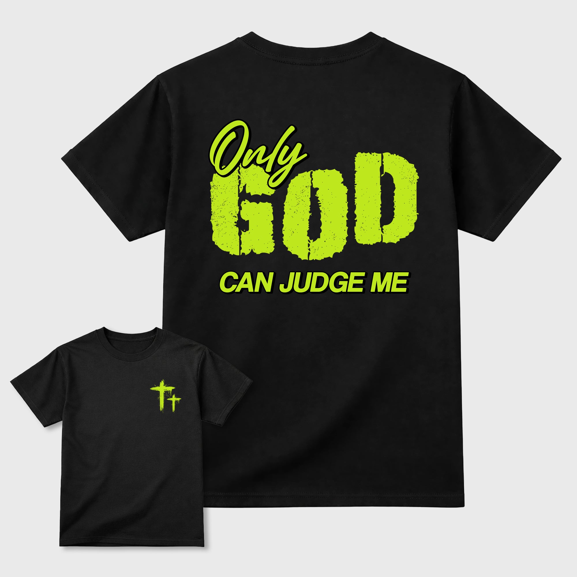 Only God Can Judge Me front and back graphic tee styled to complete your fit with the Foams Pro Black Volt, shown in Black.