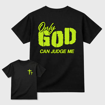 Only God Can Judge Me front and back graphic tee styled to complete your fit with the Foams Pro Black Volt, shown in Black.