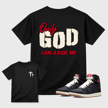 Only God Can Judge Megraphic t-shirt. Streetwear sneakerfit. Sneaker outfit. Complete your fit with the Air Jordan 1 Flight Club sneakers, shown in Black.