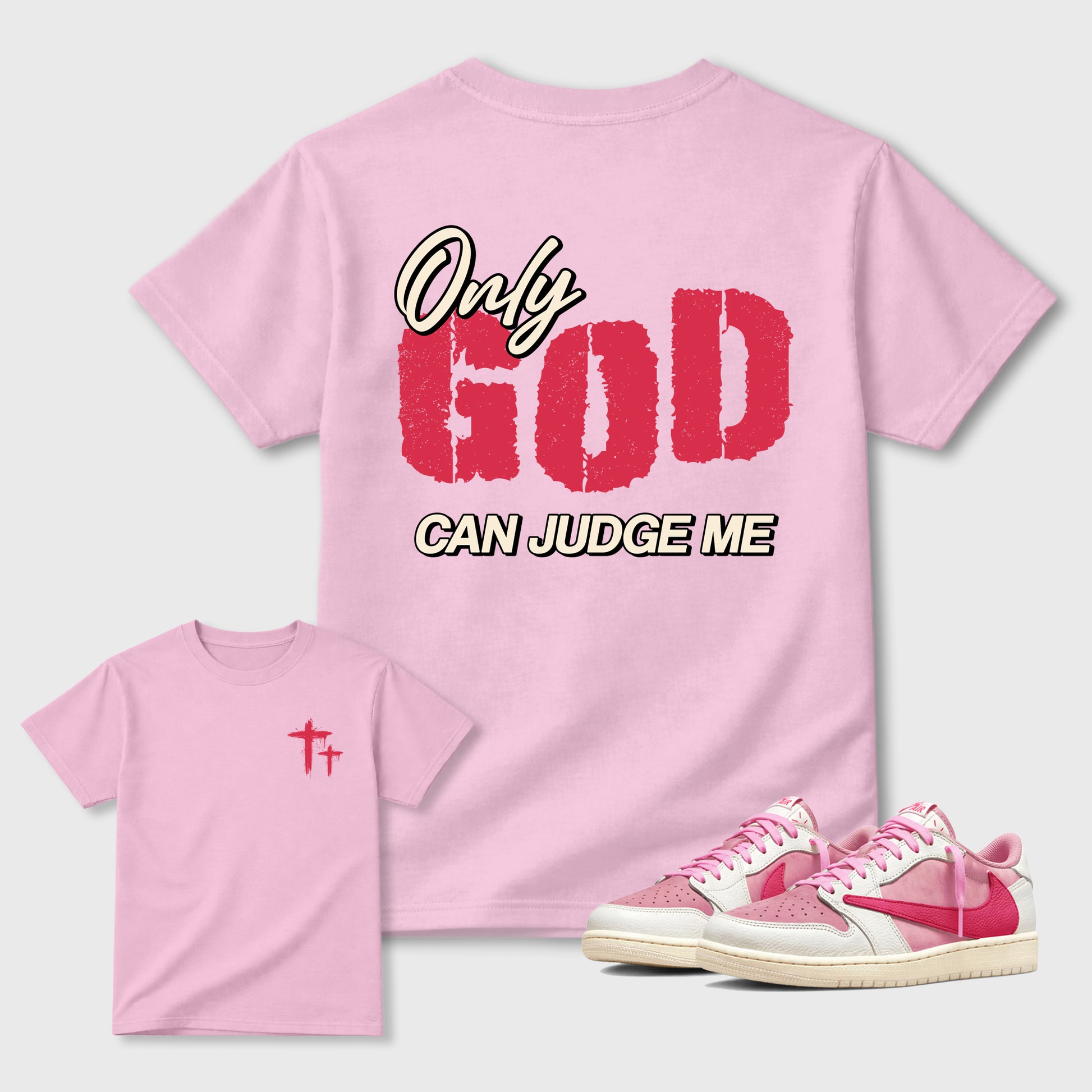 Only God Can Judge Me Graphic T-Shirt sneaker match tee designed for the Air Jordan 1 Travis Scott Tropical Pink sneakers, featuring coordinated color options for a perfect streetwear match. Pink shirt.
