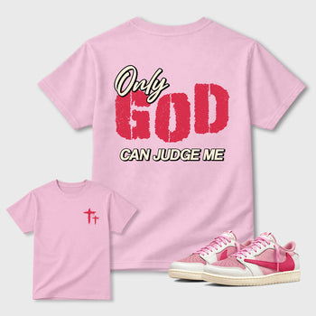 Only God Can Judge Me Graphic T-Shirt sneaker match tee designed for the Air Jordan 1 Travis Scott Tropical Pink sneakers, featuring coordinated color options for a perfect streetwear match. Pink shirt.