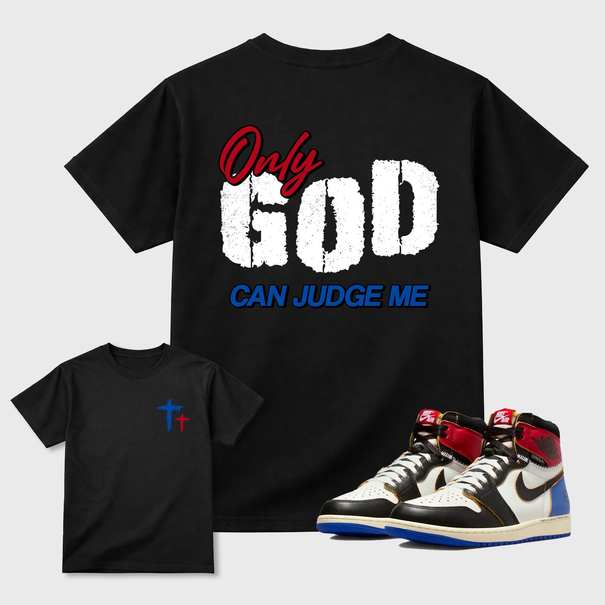 Only God Can Judge Me sneaker match t-shirt styled to complete your fit with the sneakers, shown in Black.