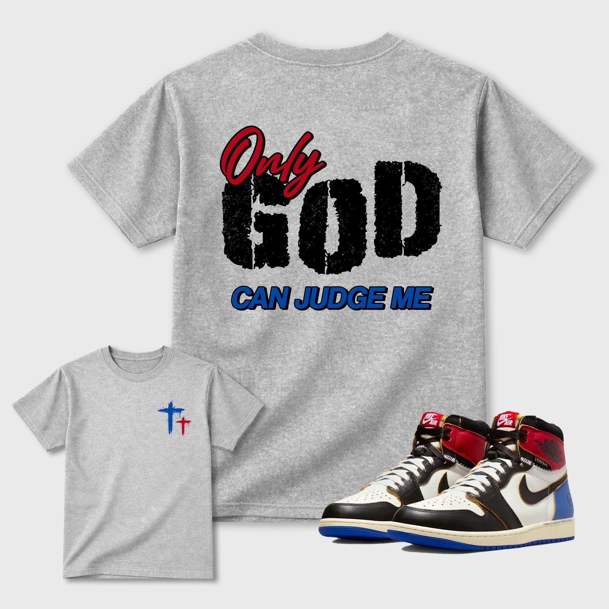 Only God Can Judge Me sneaker match t-shirt styled to complete your fit with the sneakers, shown in Heather Grey.