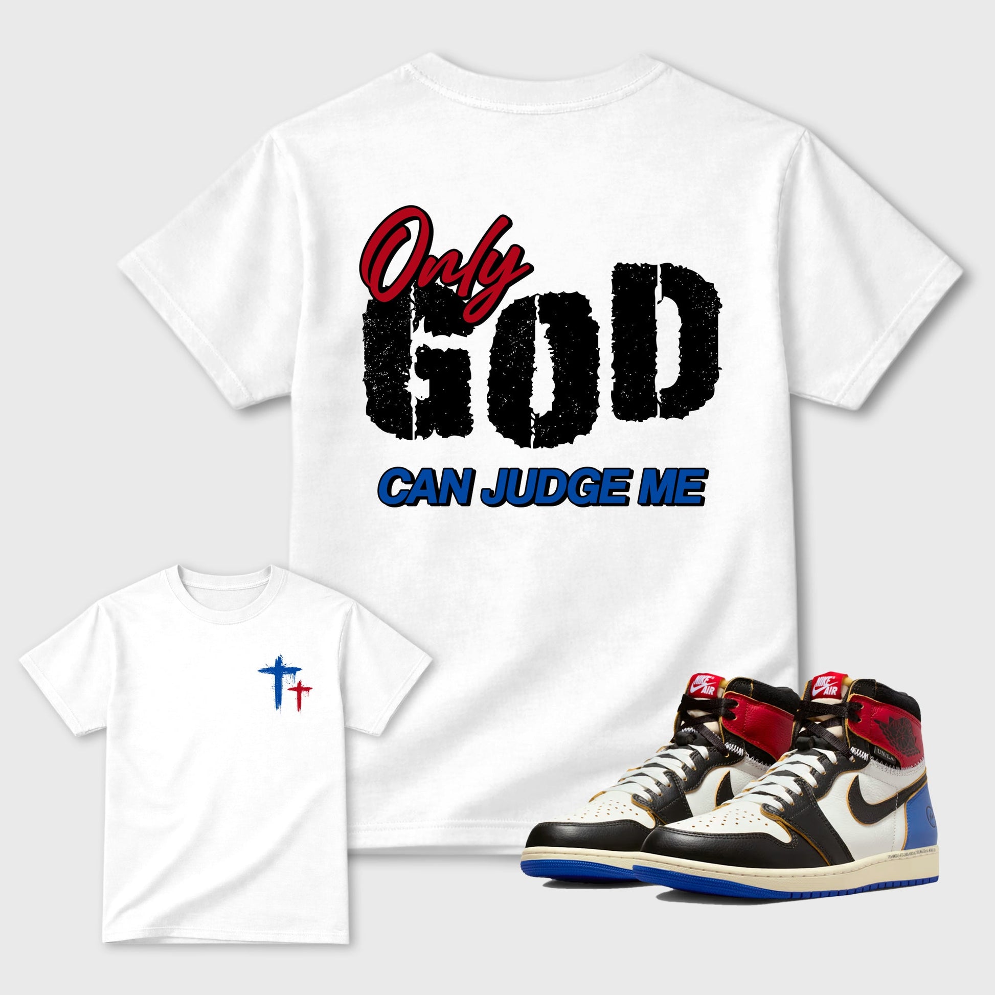 Only God Can Judge Me sneaker match t-shirt styled to complete your fit with the sneakers, shown in White.