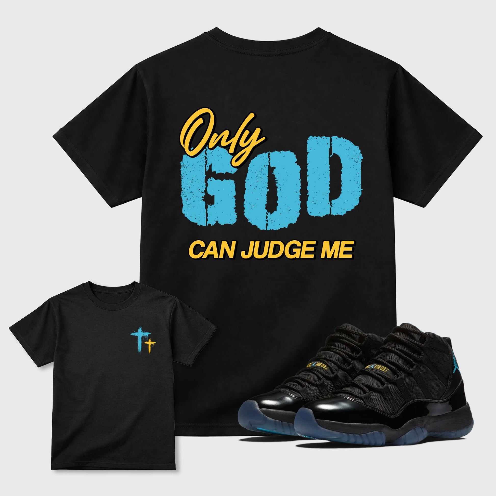Only God Can Judge Me sneaker match t-shirt styled to complete your fit with the 11s Gamma sneakers, shown in Black.