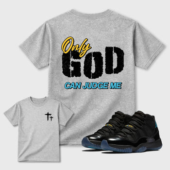 Only God Can Judge Me sneaker match t-shirt styled to complete your fit with the 11s Gamma sneakers, shown in Heather Grey.