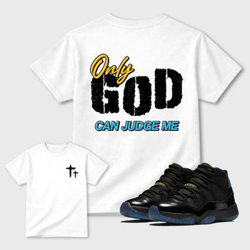 Only God Can Judge Me sneaker match t-shirt styled to complete your fit with the 11s Gamma sneakers, shown in White.
