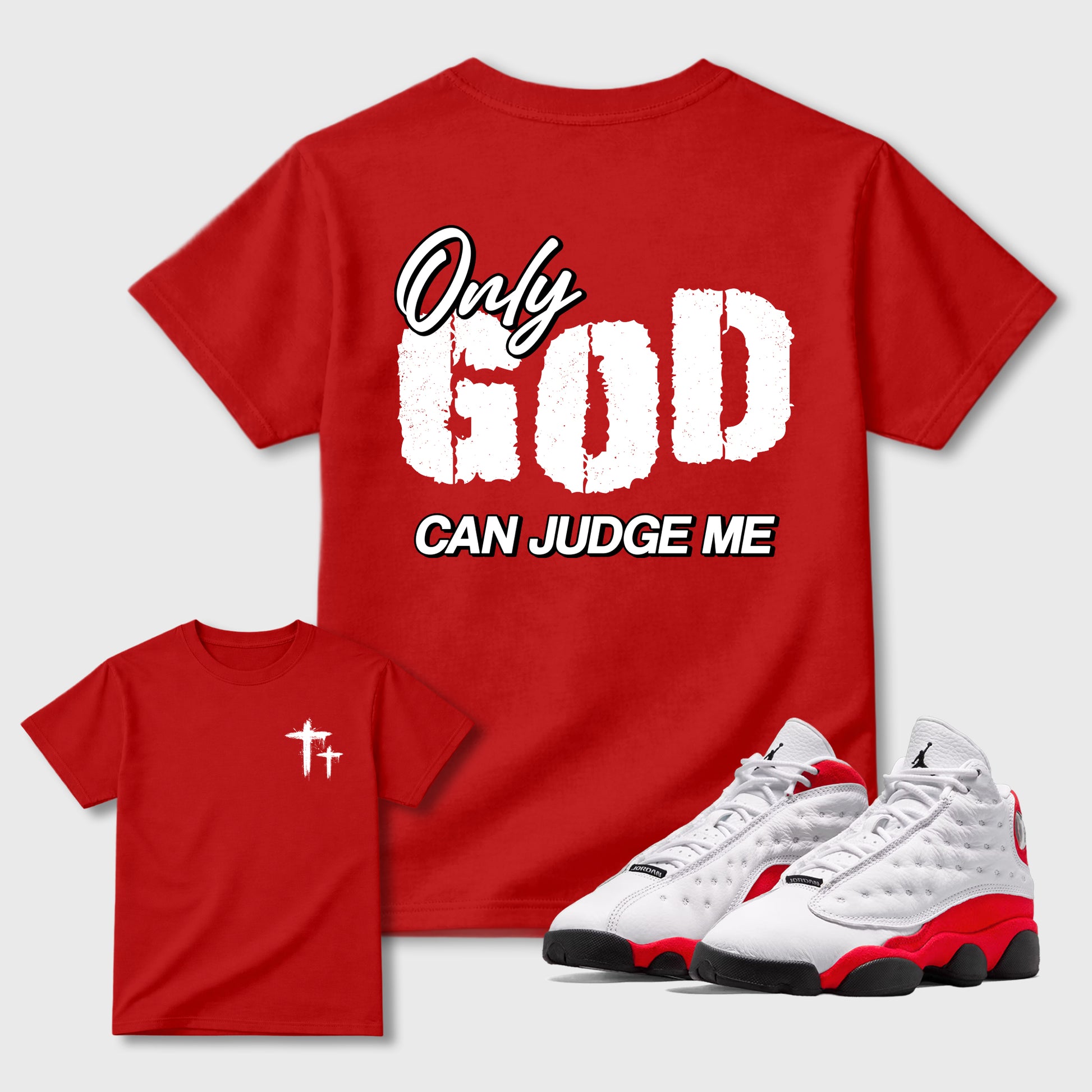 Only God Can Judge Me sneaker match t-shirt styled to complete your fit with the Air Jordan 13 University Red sneakers, shown in Red.