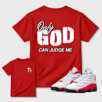 Only God Can Judge Me sneaker match t-shirt styled to complete your fit with the Air Jordan 13 University Red sneakers, shown in Red.