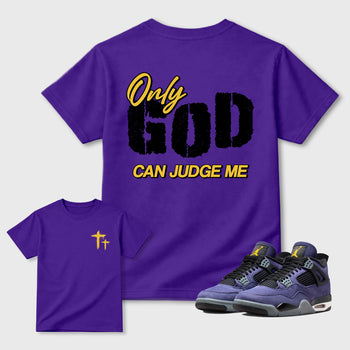 Only God Can Judge Me sneaker match t-shirt styled to complete your fit with the Air Jordan 4 Lakeshow sneakers, shown in Purple.