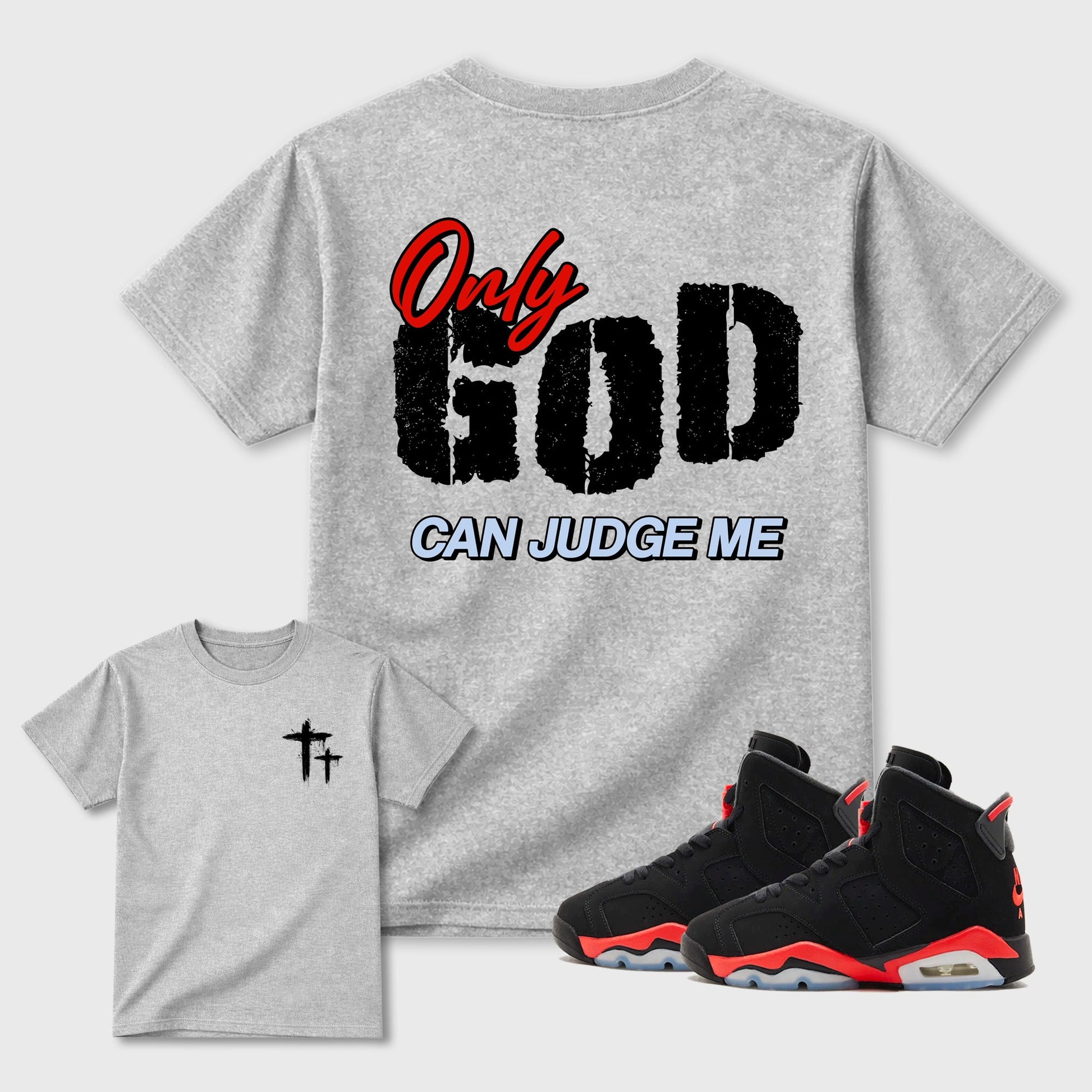 Only God Can Judge Me sneaker match t-shirt styled to complete your fit with the sneakers, shown in Heather Grey.