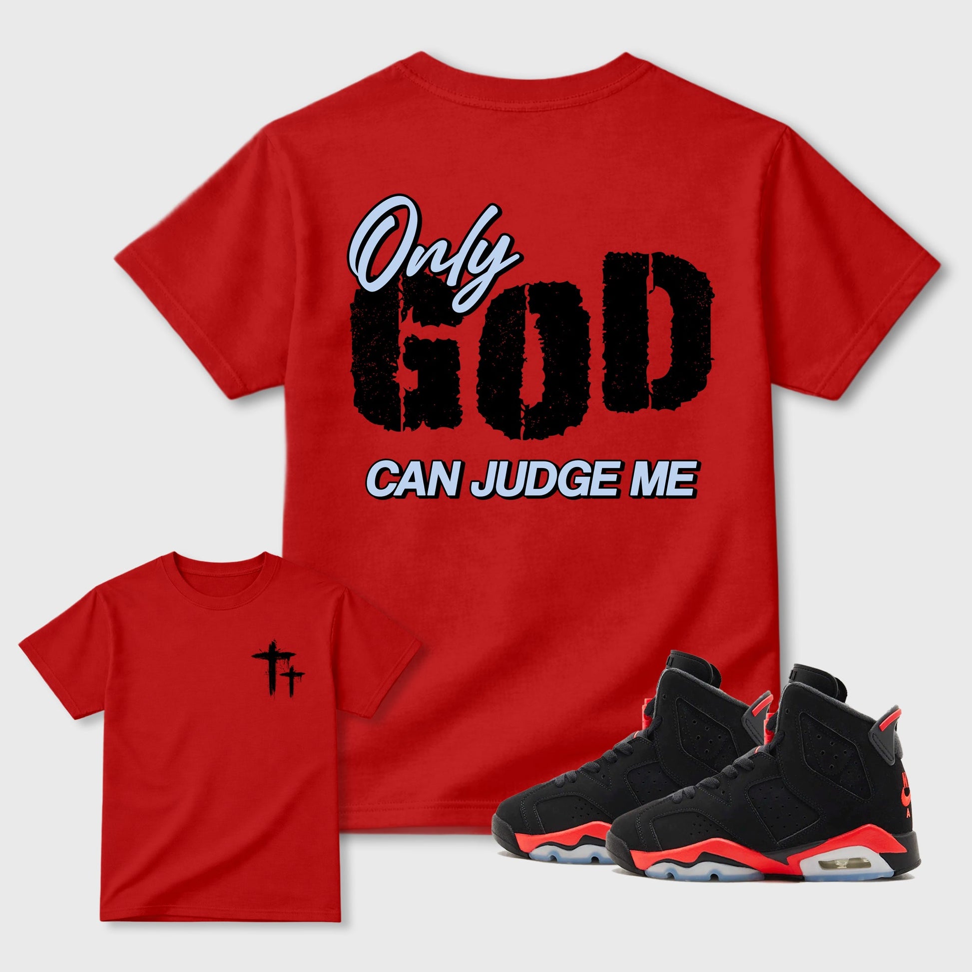 Only God Can Judge Me sneaker match t-shirt styled to complete your fit with the sneakers, shown in Red.