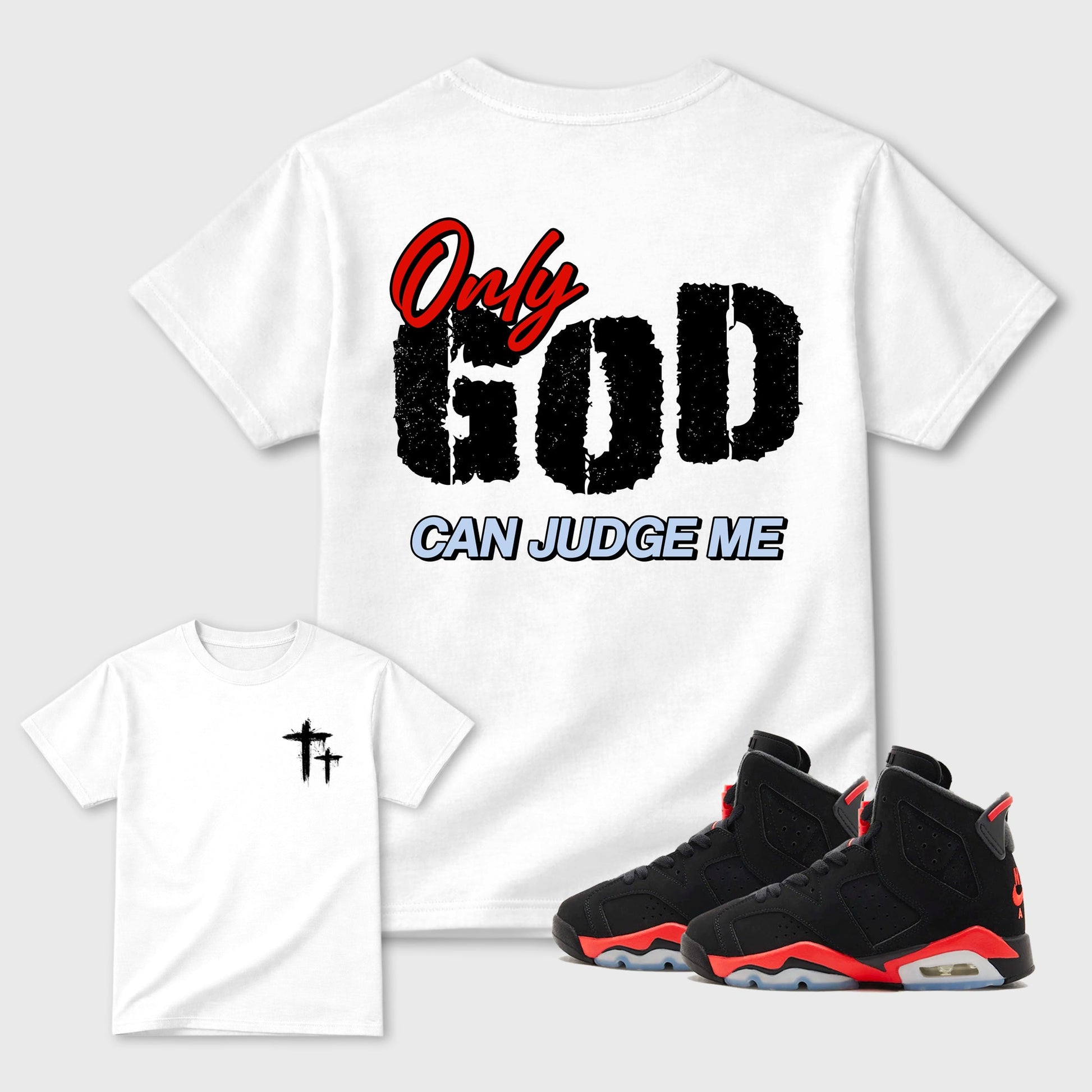 Only God Can Judge Me sneaker match t-shirt styled to complete your fit with the sneakers, shown in White.