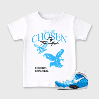 Best Sneakerfit Graphic Tee. Graphic Outfits. Sneaker Tees To Match Air Foamposite One University Blue Sneakers – Only The Chosen Fly This High Kids T-Shirt White 1