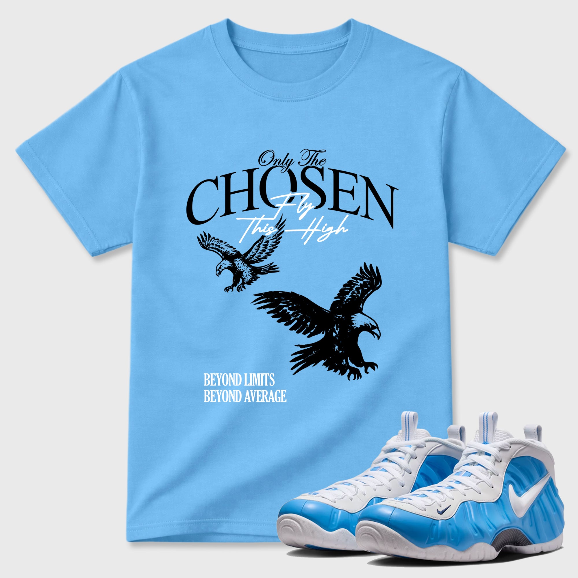 Best Sneakerfit Graphic Tee. Graphic Outfits. Sneaker Tees To Match Air Foamposite One University Blue Sneakers – Only The Chosen Fly This High Tee Carolina Blue 1