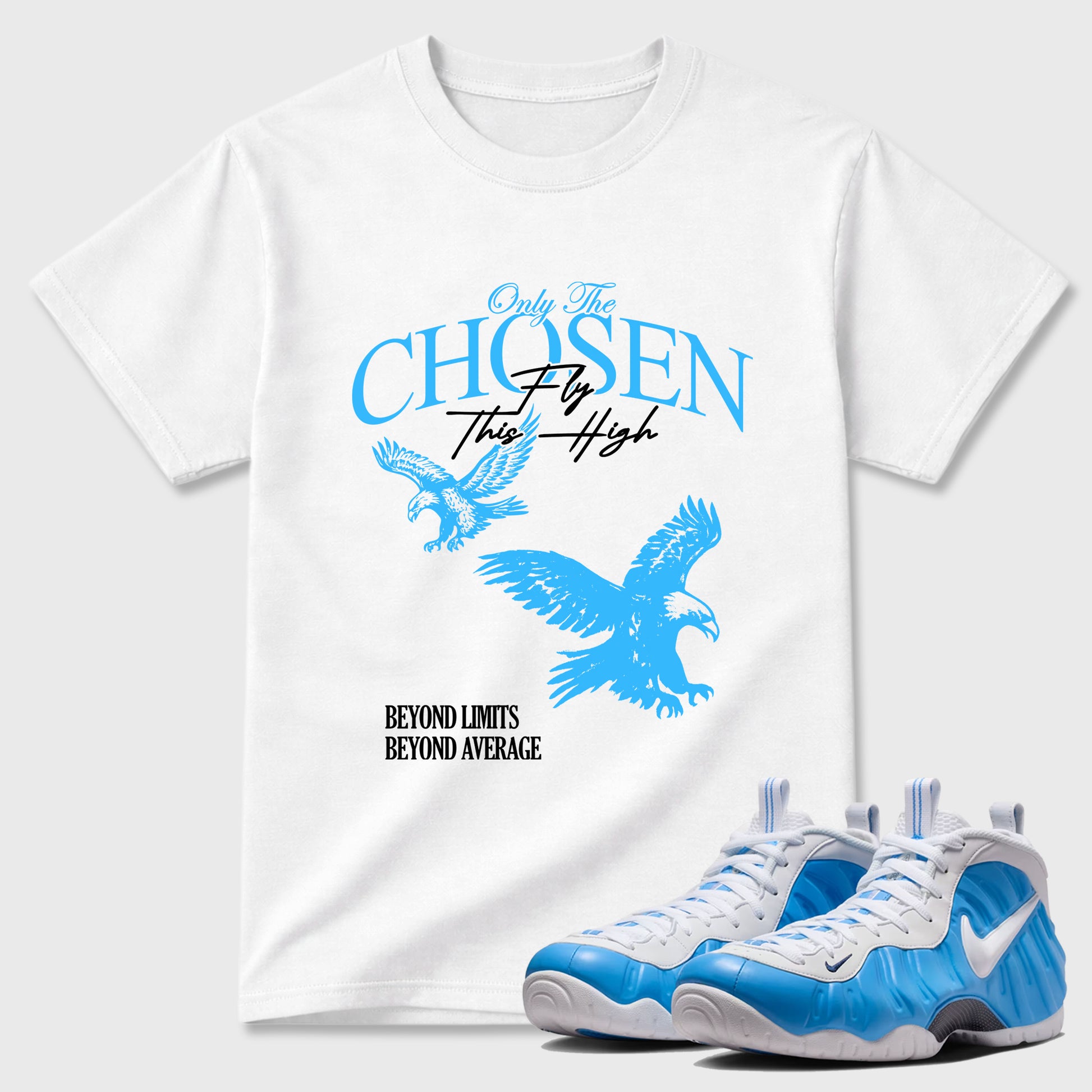 Best Sneakerfit Graphic Tee. Graphic Outfits. Sneaker Tees To Match Air Foamposite One University Blue Sneakers – Only The Chosen Fly This High Tee White 1