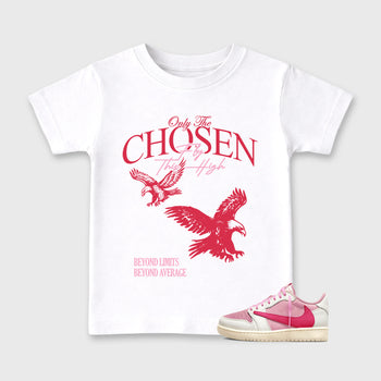Only The Chosen Fly This High affordable baby and kids t-shirt designed to match the Air Jordan 1 Travis Scott Tropical Pink, featuring coordinated White 1 options for the perfect little sneakerhead streetwear look.
