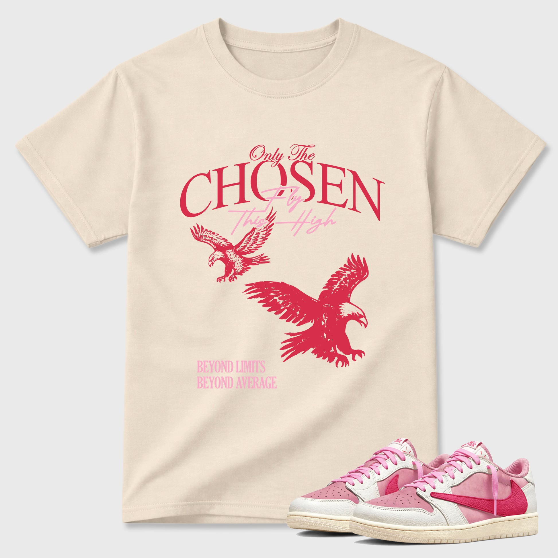Only The Chosen Fly This High Graphic T-Shirt sneaker match tee designed for the Air Jordan 1 Travis Scott Tropical Pink, featuring coordinated color options for a perfect streetwear match. Natural 1 shirt.