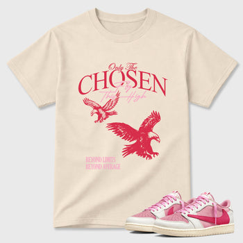 Only The Chosen Fly This High Graphic T-Shirt sneaker match tee designed for the Air Jordan 1 Travis Scott Tropical Pink, featuring coordinated color options for a perfect streetwear match. Natural 1 shirt.