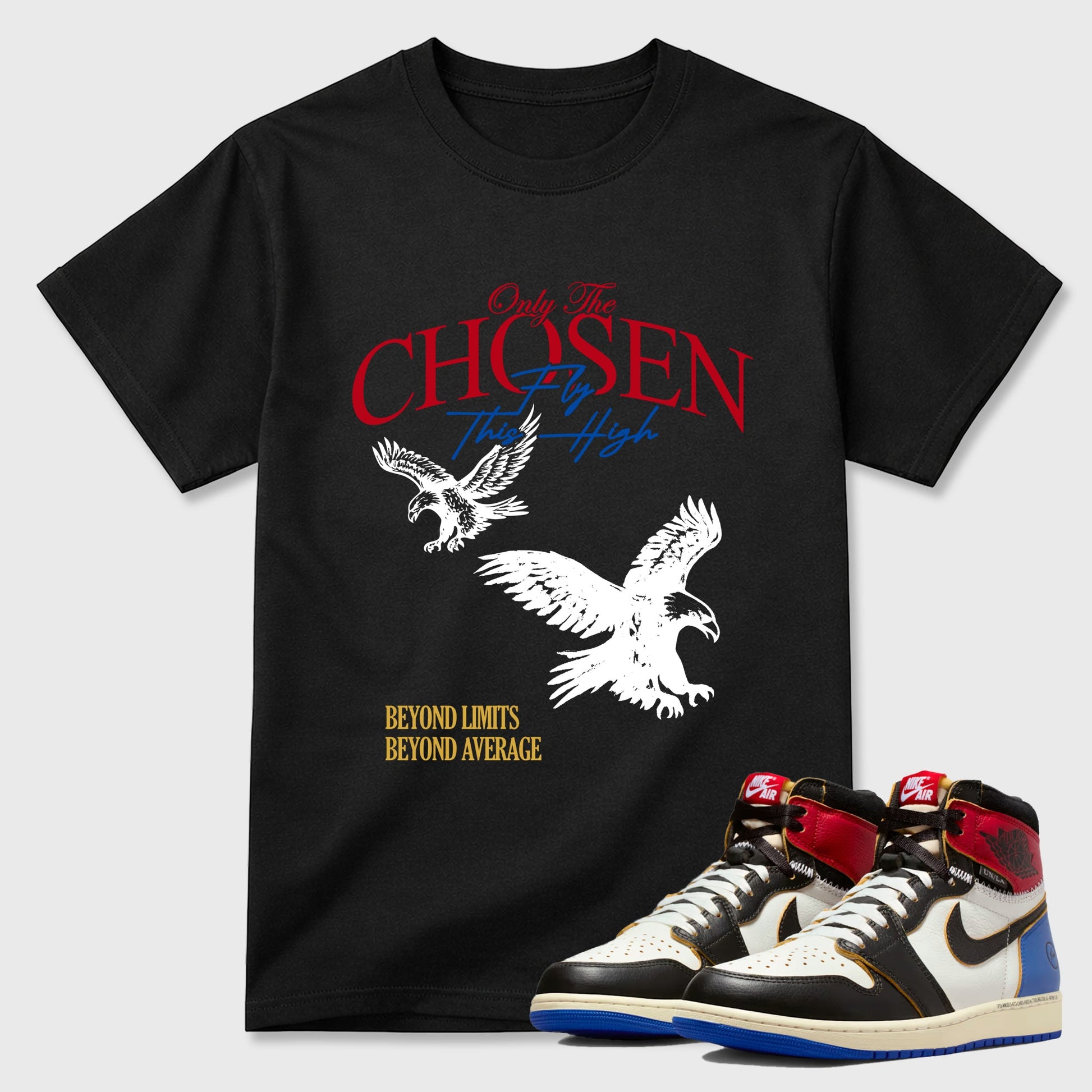 Sneaker match tees – Sneaker Tees To Match Air Jordan 1 Union x Fragment Shoes – Only The Chosen Fly This High Tee Black 1