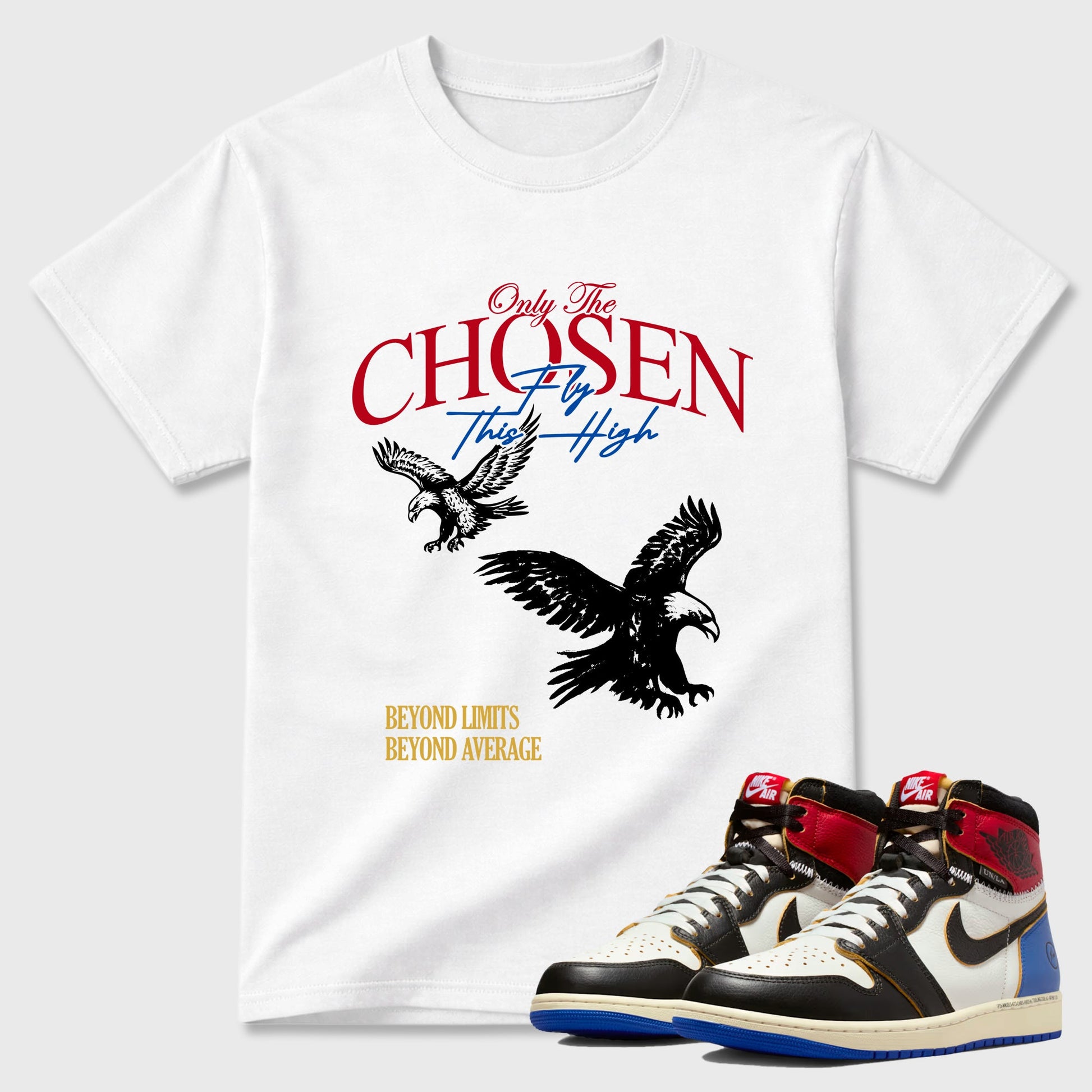 Sneaker match tees – Sneaker Tees To Match Air Jordan 1 Union x Fragment Shoes – Only The Chosen Fly This High Tee White 1