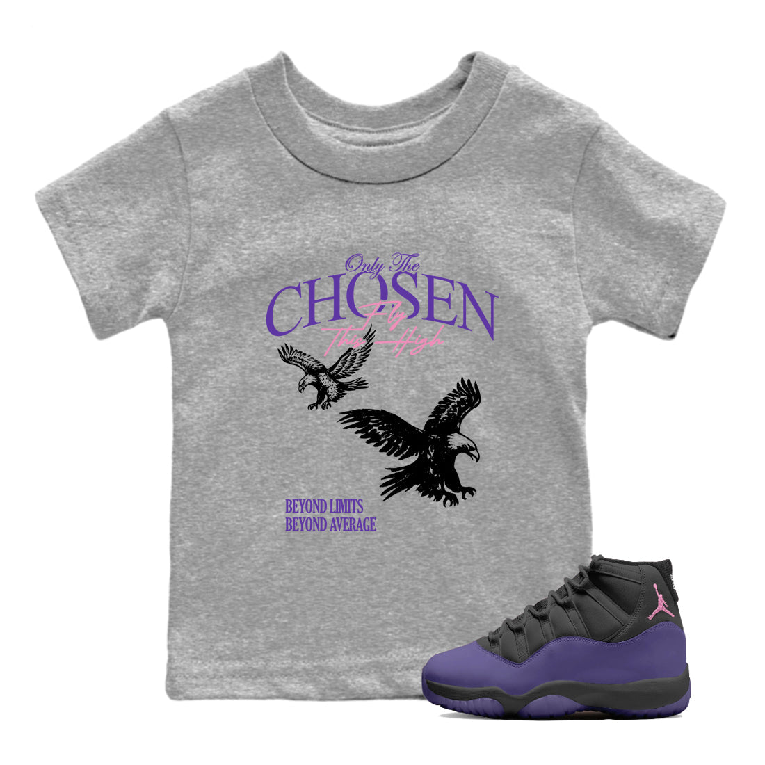 Sneaker match tees – Sneaker Tees To Match Air Jordan 11 Canyon Purple Shoes – Only The Chosen Fly This High Kids T-Shirt Heather Grey 1