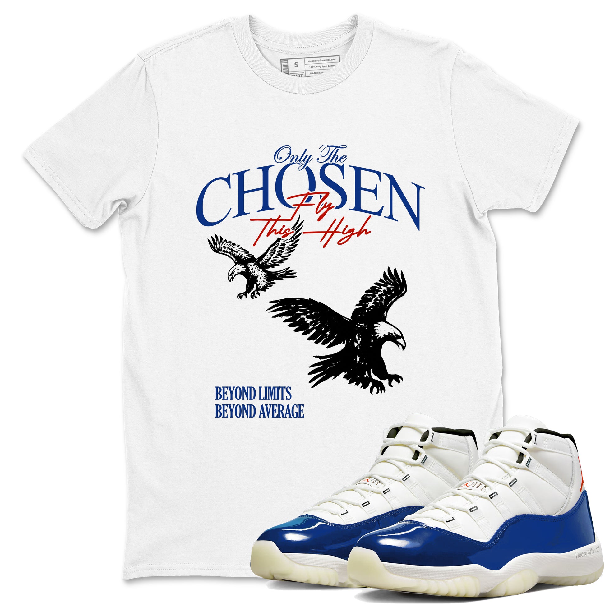White t-shirt with eagle design and text, paired with blue and white sneakers.