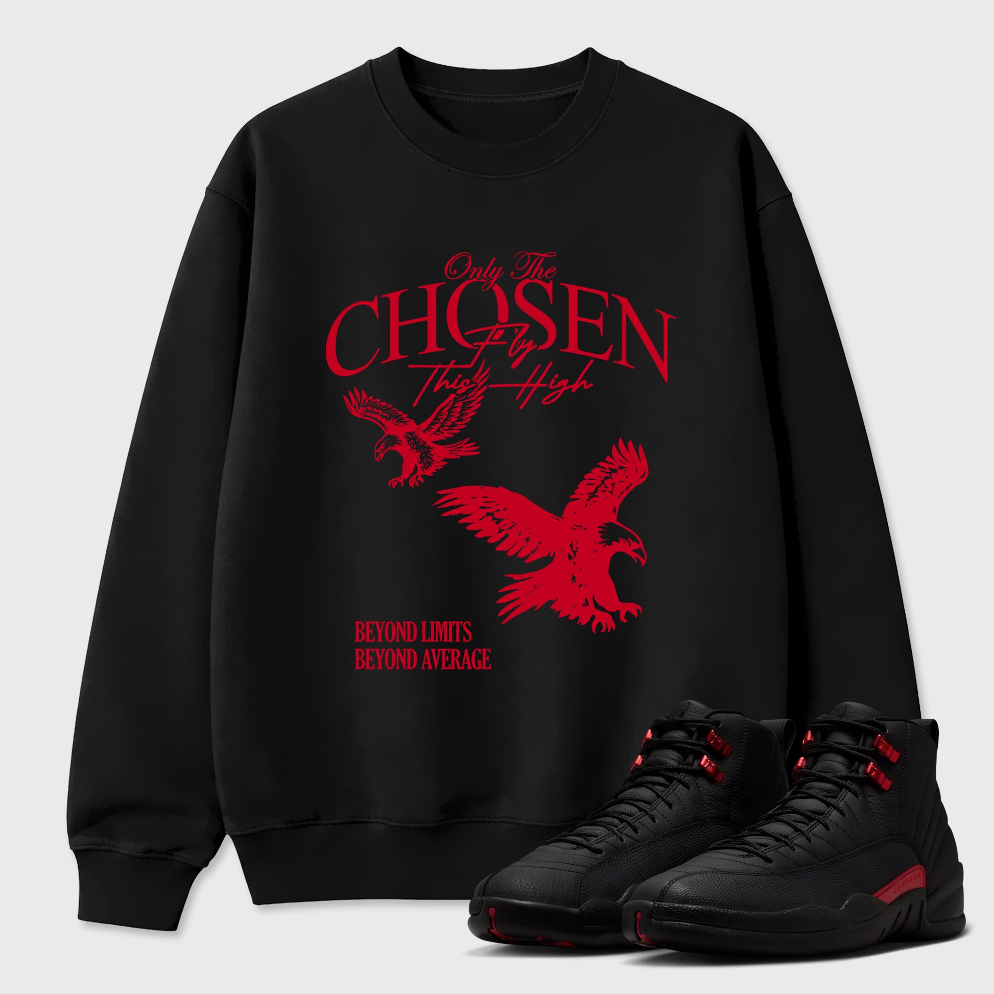 Only The Chosen Fly This High Graphic T-Shirt sneaker match tee designed for the Air Jordan 12 Bloodline, featuring coordinated color options for a perfect streetwear match. Black 1 shirt.