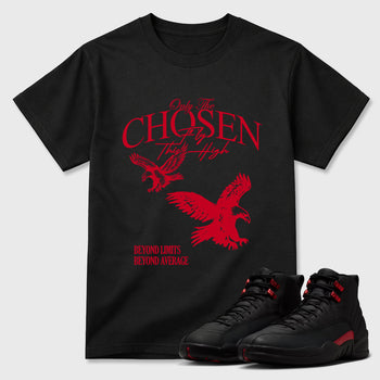 Only The Chosen Fly This High Graphic T-Shirt sneaker match tee designed for the Air Jordan 12 Bloodline, featuring coordinated color options for a perfect streetwear match. Black 1 shirt.