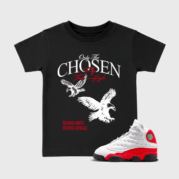 Sneaker match tees – Sneaker Tees To Match Air Jordan 13 University Red Shoes – Only The Chosen Fly This High Kids T-Shirt Black 1