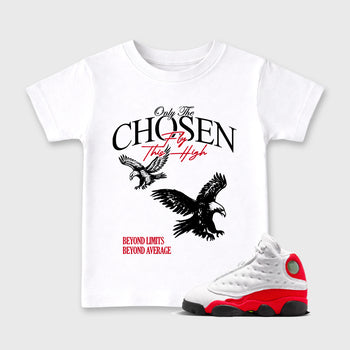 Sneaker match tees – Sneaker Tees To Match Air Jordan 13 University Red Shoes – Only The Chosen Fly This High Kids T-Shirt White 1