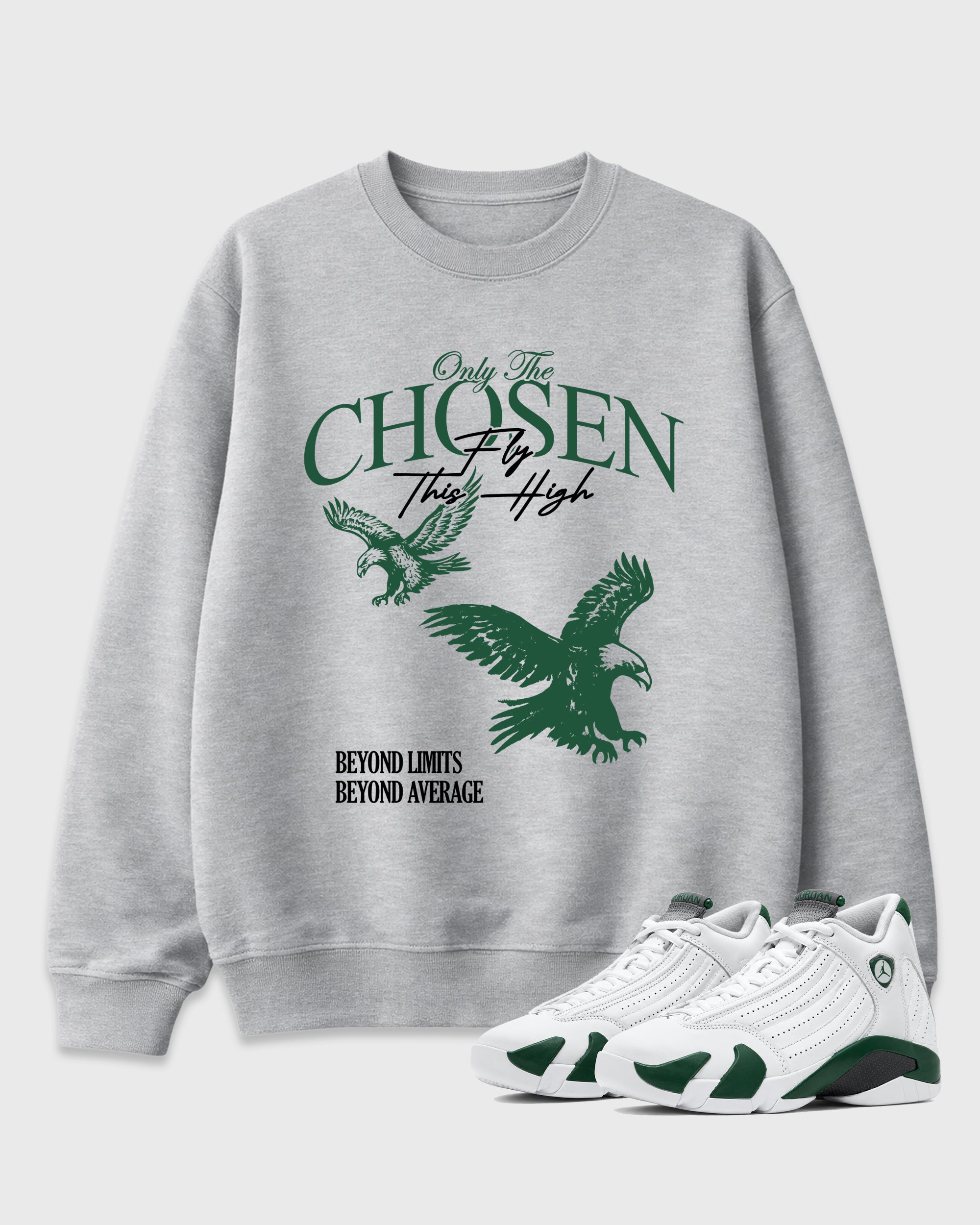 Only The Chosen Fly This High Graphic T-Shirt featuring original streetwear artwork designed to match the Air Jordan 14 Forest Green. Heather Grey 1 Graphic Tee.