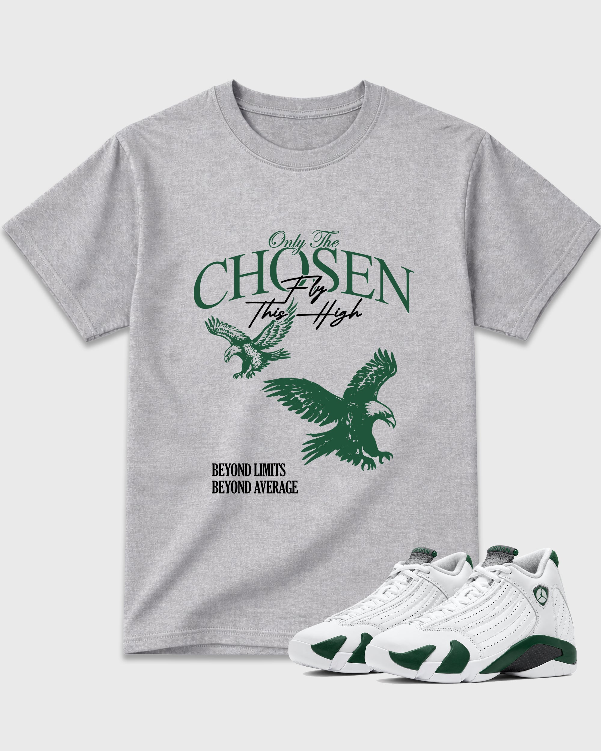Only The Chosen Fly This High Graphic T-Shirt featuring original streetwear artwork designed to match the Air Jordan 14 Forest Green. Heather Grey 1 Graphic T-Shirt.