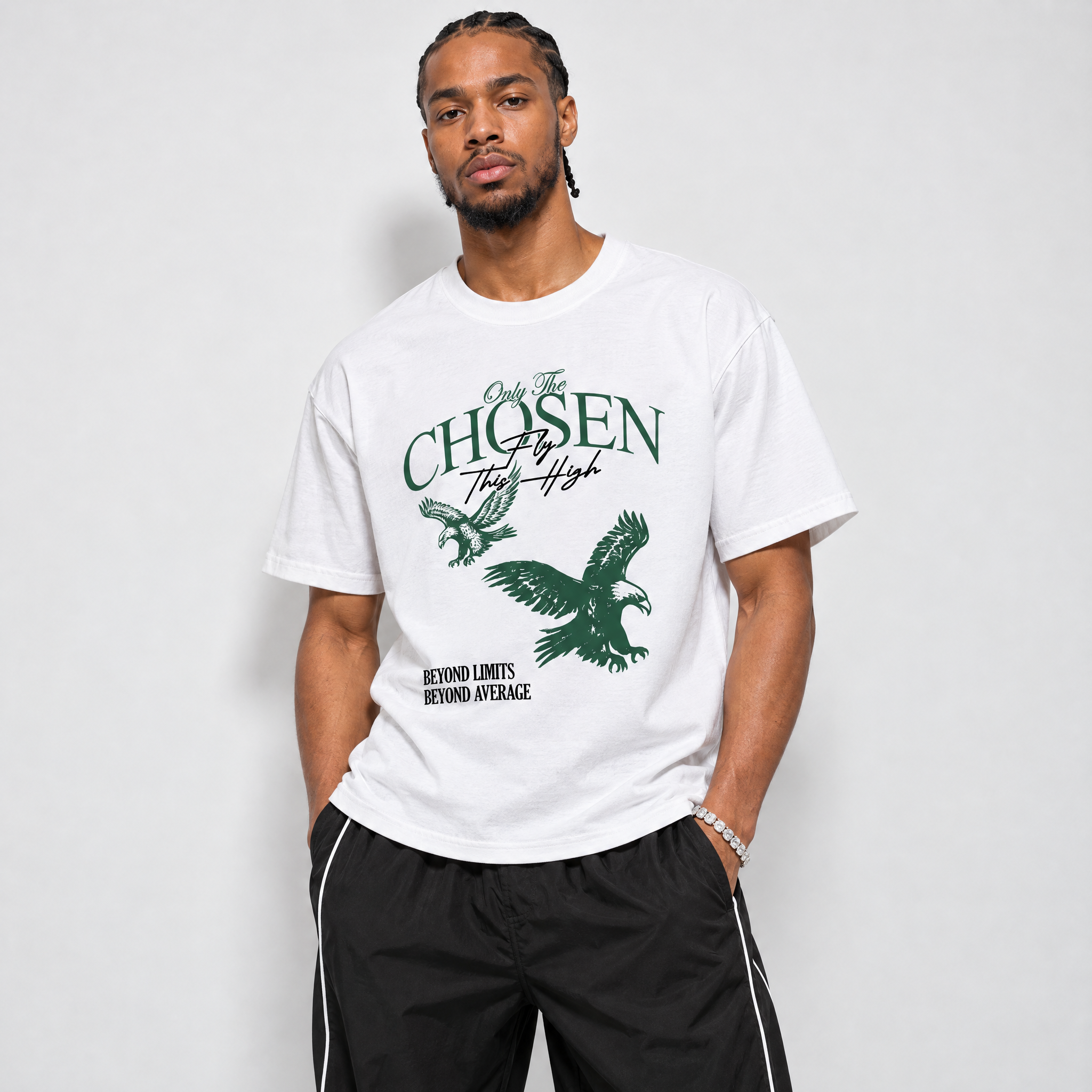 Only The Chosen Fly This High Graphic T-Shirt featuring original streetwear artwork designed to match the Air Jordan 14 Forest Green. White 1 Graphic T-Shirt.