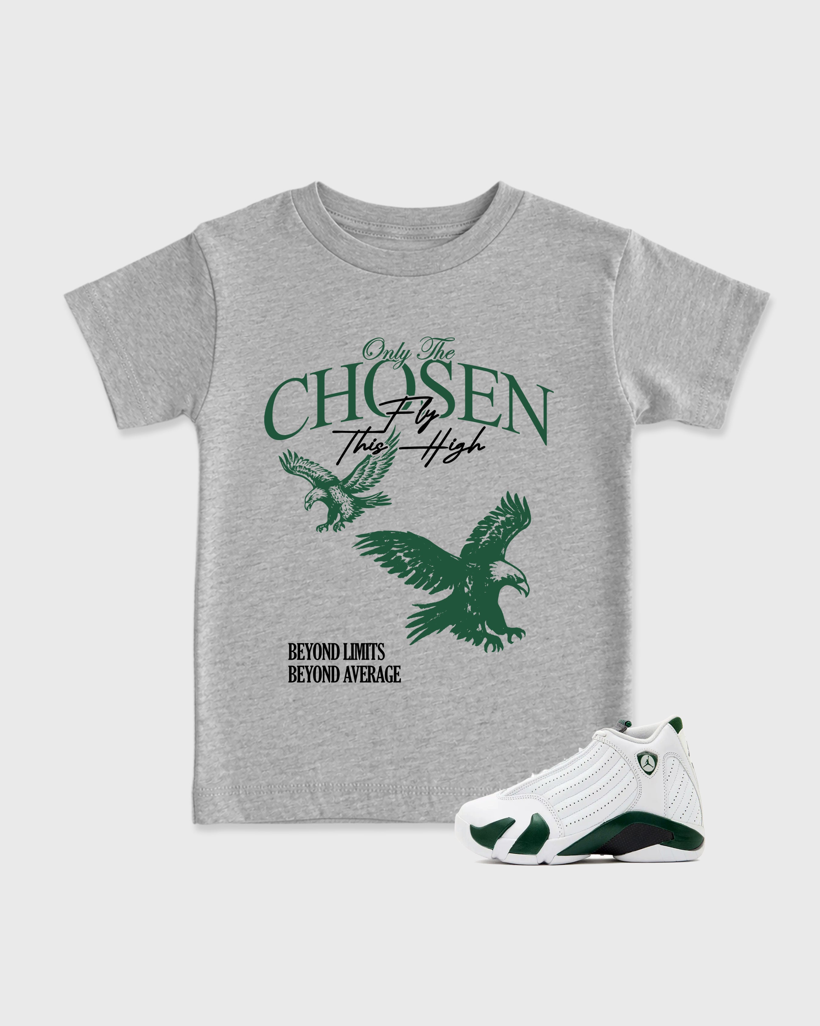 Only The Chosen Fly This High Baby & Kids Graphic T-Shirt featuring original artwork designed to match the Air Jordan 14 Forest Green. Heather Grey 1 Kids Graphic Tee.