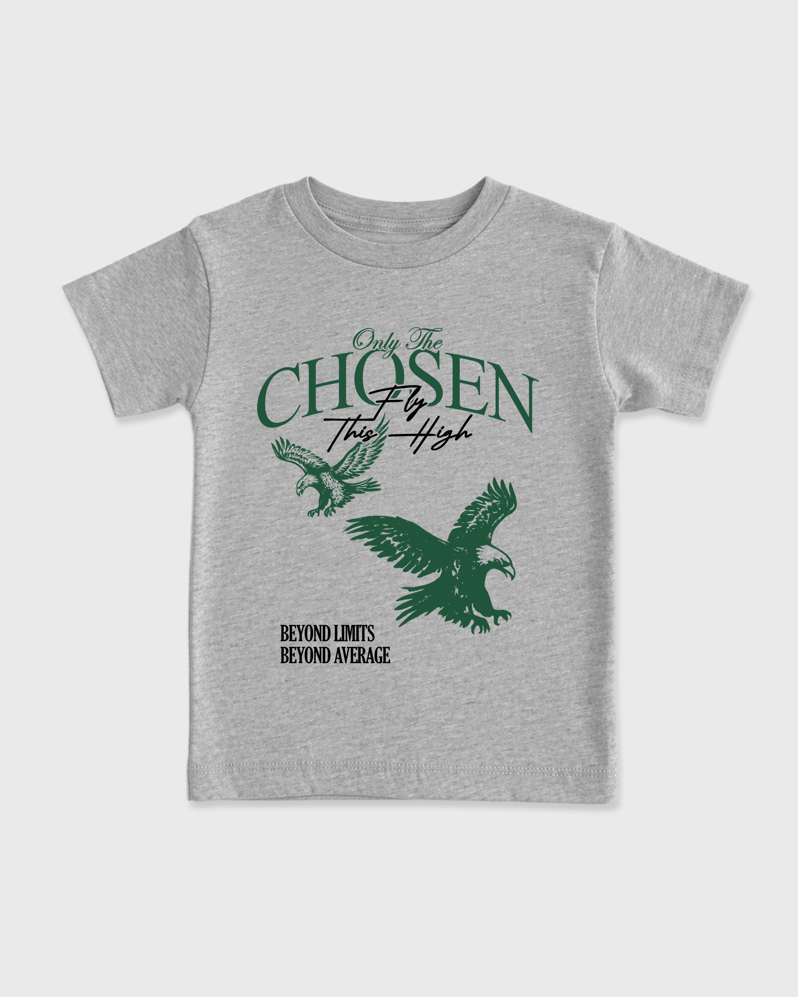 Only The Chosen Fly This High Baby & Kids Graphic T-Shirt featuring original artwork designed to match the Air Jordan 14 Forest Green. Heather Grey 2 Kids Graphic Tee.