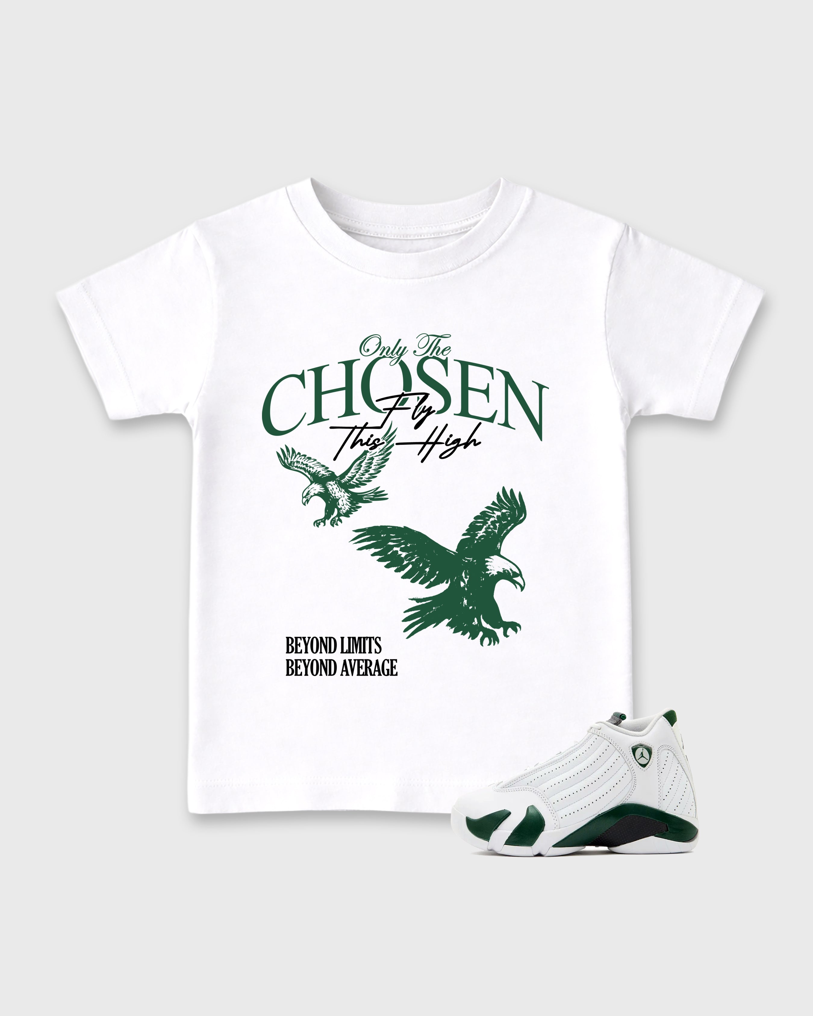 Only The Chosen Fly This High Baby & Kids Graphic T-Shirt featuring original artwork designed to match the Air Jordan 14 Forest Green. White 1 Kids Graphic Tee.