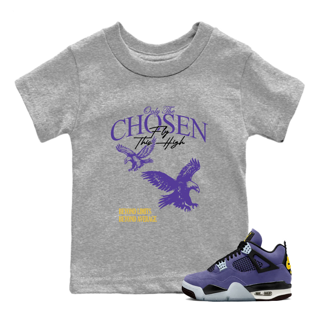 Sneaker match tees – Sneaker Tees To Match Air Jordan 4 Lakeshow Shoes – Only The Chosen Fly This High Kids T-Shirt Heather Grey 1