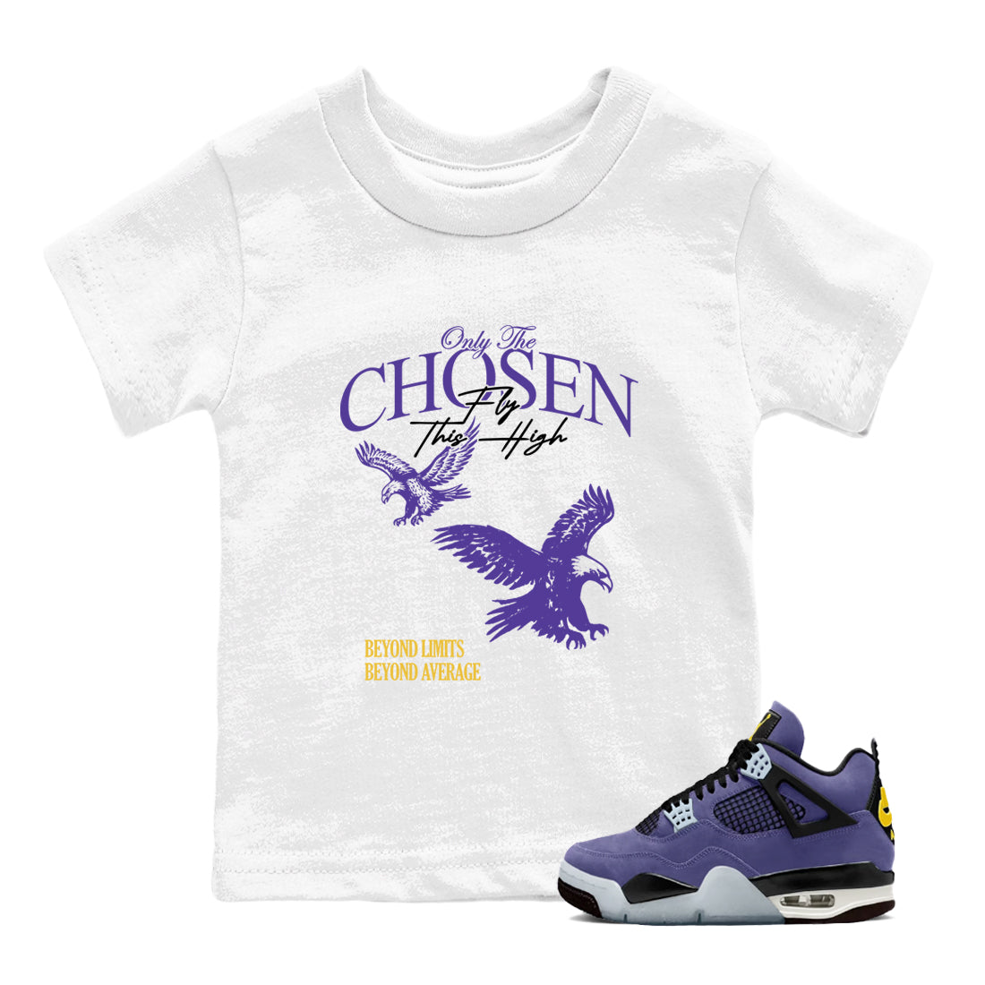 Sneaker match tees – Sneaker Tees To Match Air Jordan 4 Lakeshow Shoes – Only The Chosen Fly This High Kids T-Shirt White 1