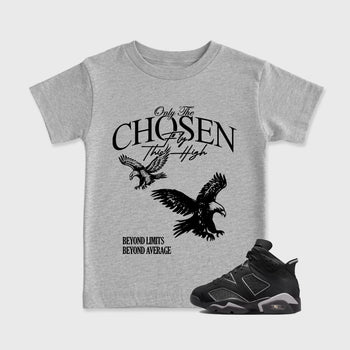 Sneaker match tees – Sneaker Tees To Match Air Jordan 6 Cap and Gown Shoes – Only The Chosen Fly This High Kids T-Shirt Heather Grey 1