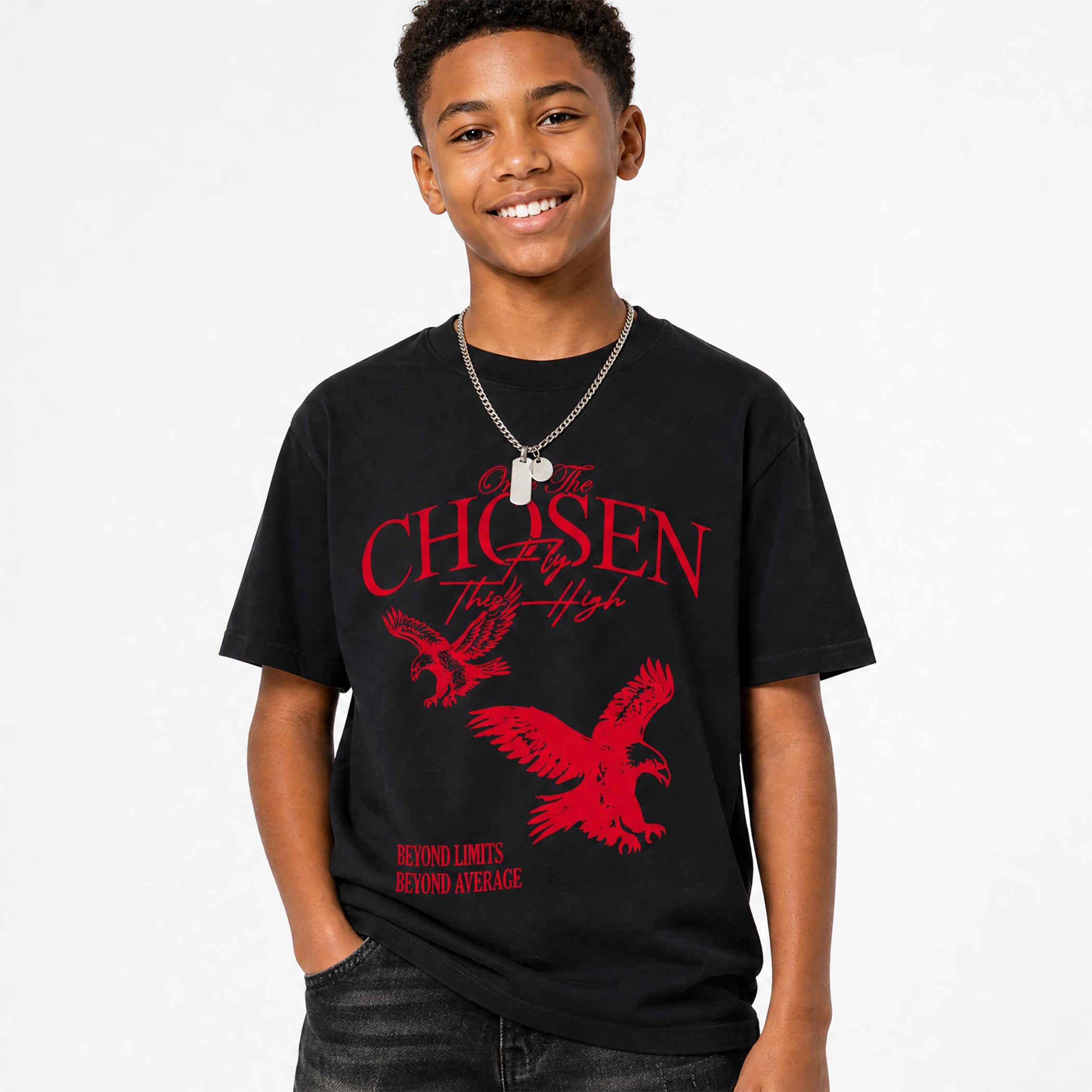 Child wearing a black t-shirt with only the chosen graphics and text on a white background