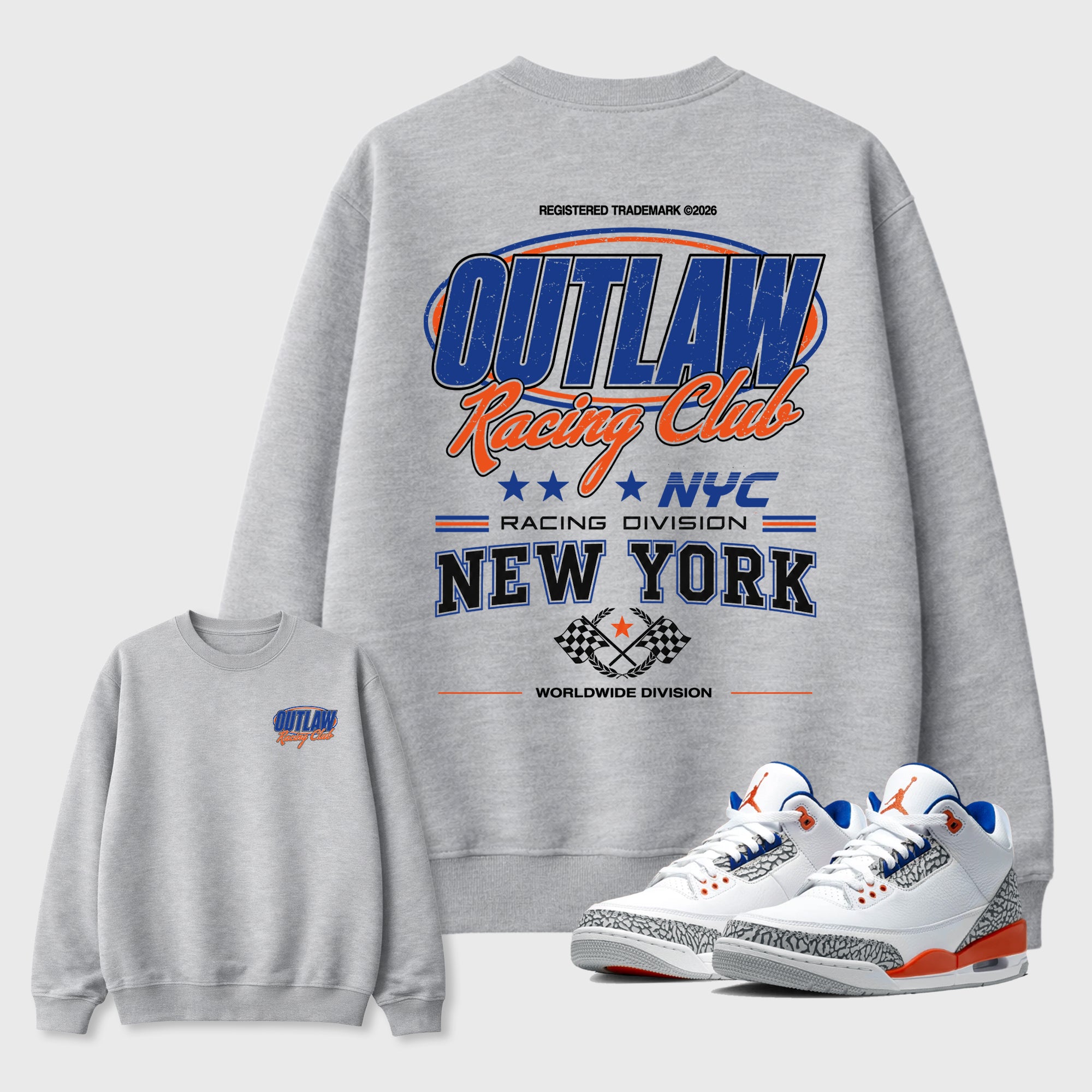 Outlaw Racing Club Graphic T-Shirt featuring original streetwear artwork designed to match the Air Jordan 3 Knicks. Heather Grey Graphic Tee.