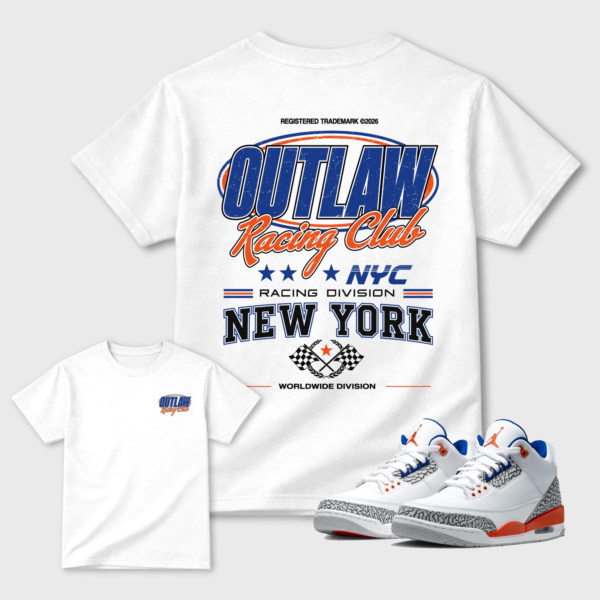 Outlaw Racing Club Graphic T-Shirt featuring original streetwear artwork designed to match the Air Jordan 3 Knicks. White Graphic T-Shirt.