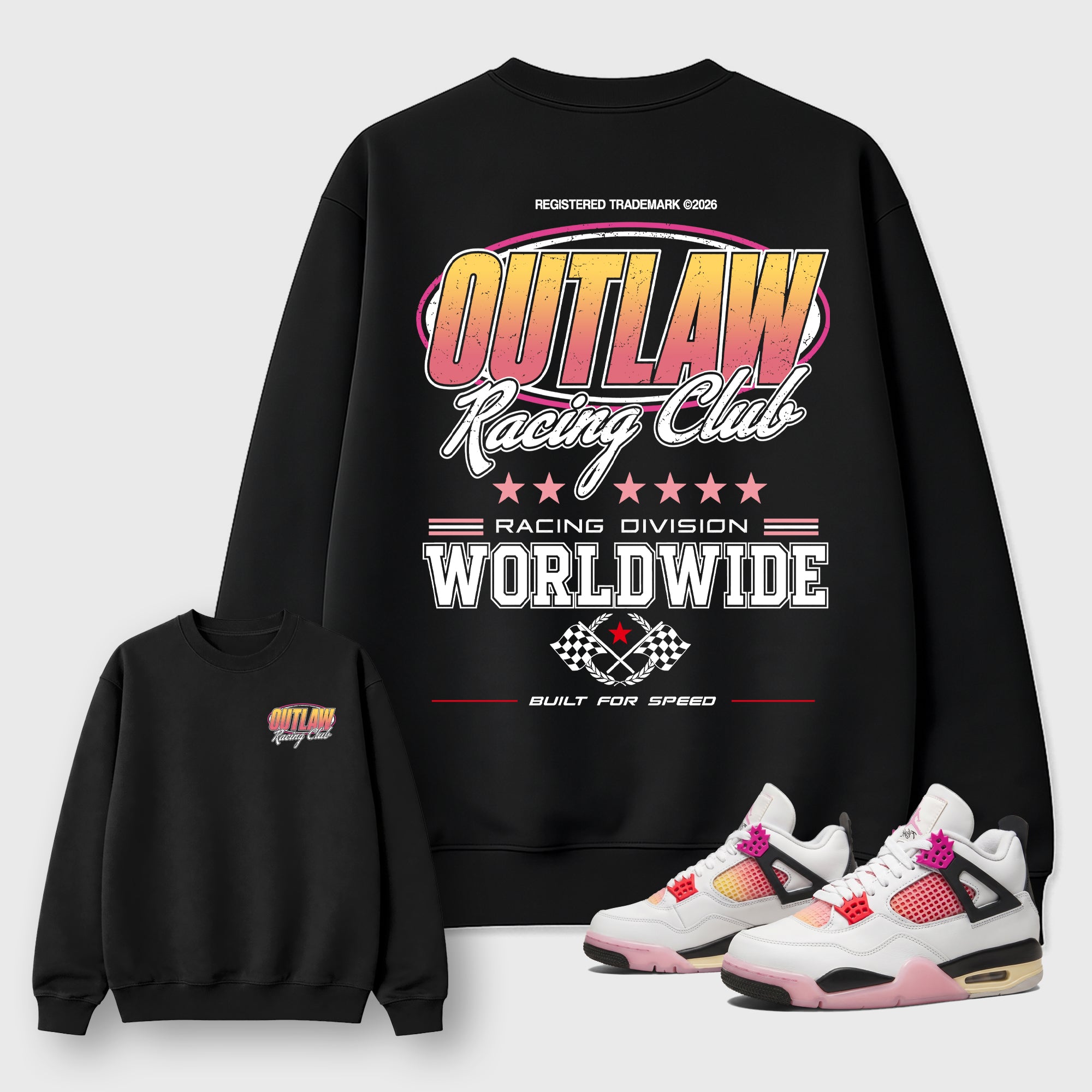 Outlaw Racing Club Graphic T-Shirt featuring original streetwear artwork designed to match the Air Jordan 4 Comic. Black Graphic Tee.